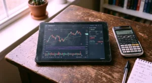 A documentary-style photo for Aster Review, showing a tablet with a matte screen protector displaying multi-chain DEX data on a cluttered wooden desk.