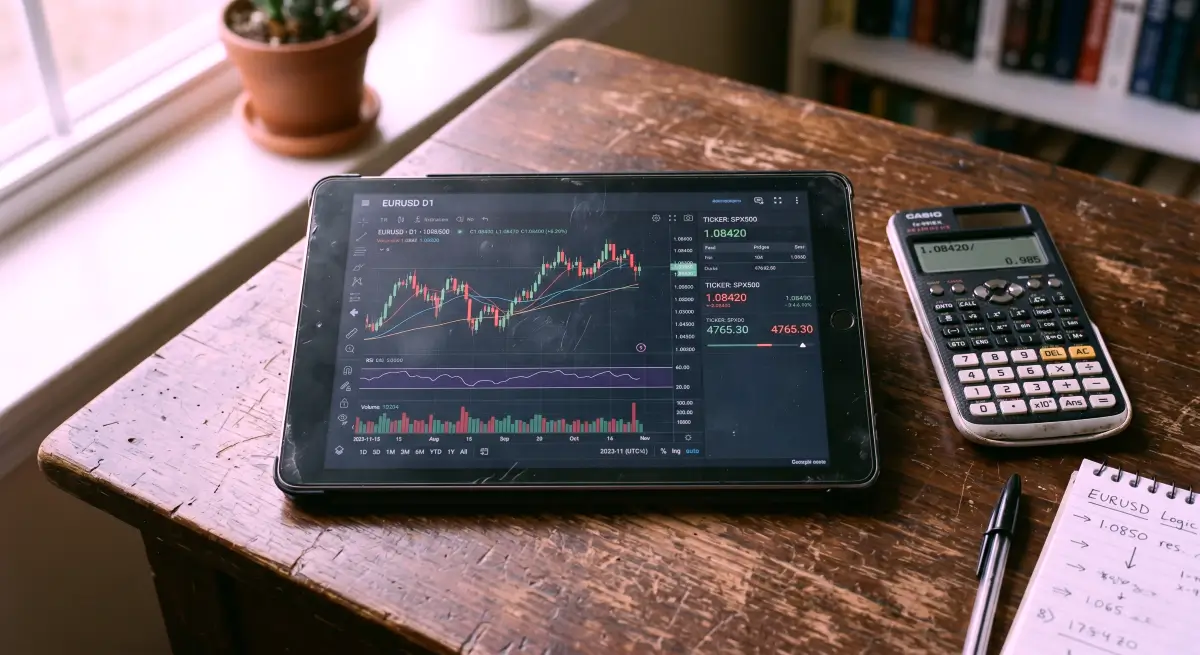 A documentary-style photo for Aster Review, showing a tablet with a matte screen protector displaying multi-chain DEX data on a cluttered wooden desk.