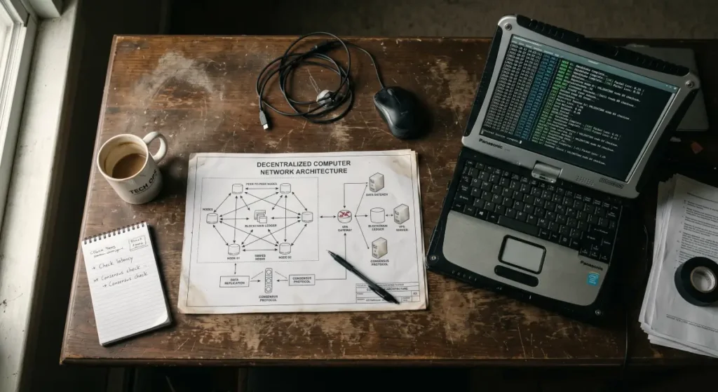 Technical system architecture diagram printed on an analyst desk next to data logging software