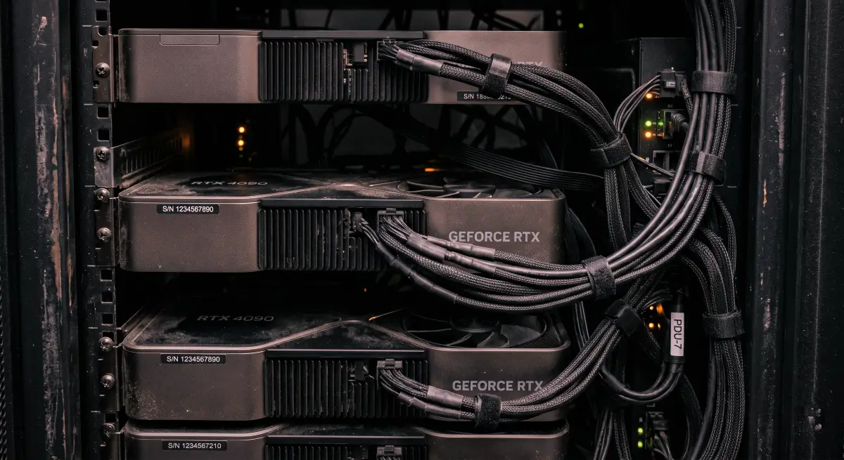 Stack of GPUs processing Heurist AI token data