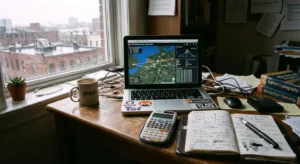A researcher's desk showing a laptop displaying data for a complete GEODNET DePIN review and RTK network node analysis.