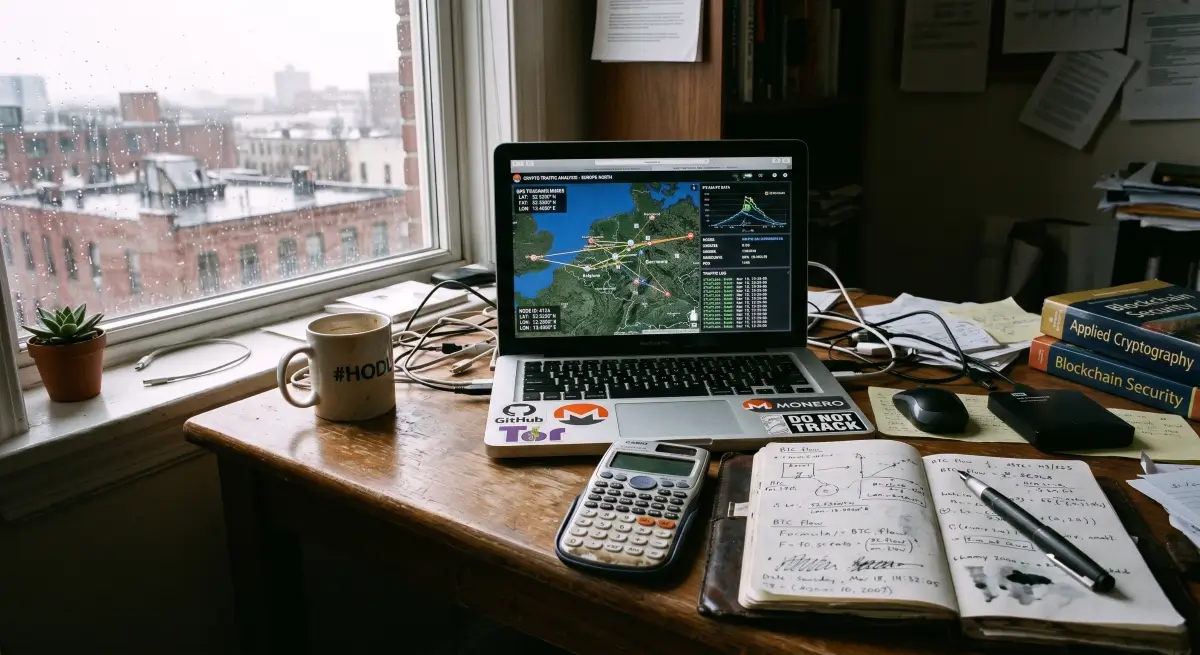 A researcher's desk showing a laptop displaying data for a complete GEODNET DePIN review and RTK network node analysis.