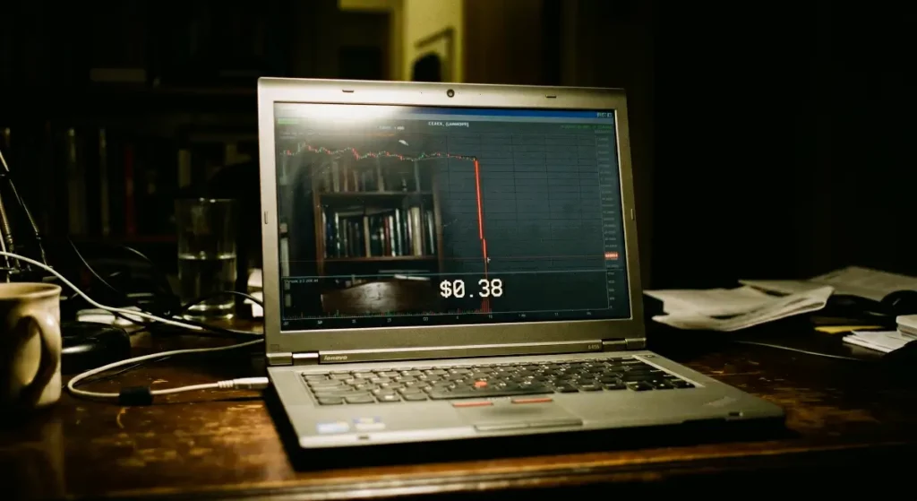 Grass Crypto Review: Laptop screen showing sharp downward price chart and $0.38 value