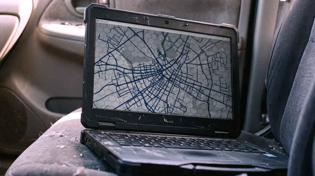 Displaying mapping data for our Hivemapper Review, a rugged laptop shows raw street traces in a gritty matte aesthetic.