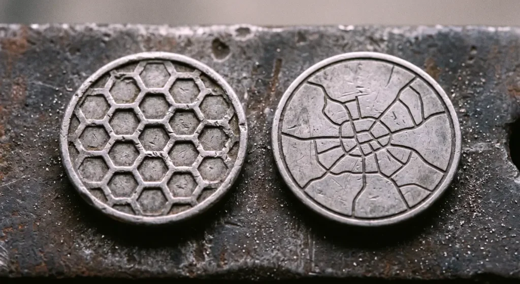 A forensic macro photo for a Hivemapper Review, showing raw and scuffed physical HONEY tokens on a weathered metal surface. 