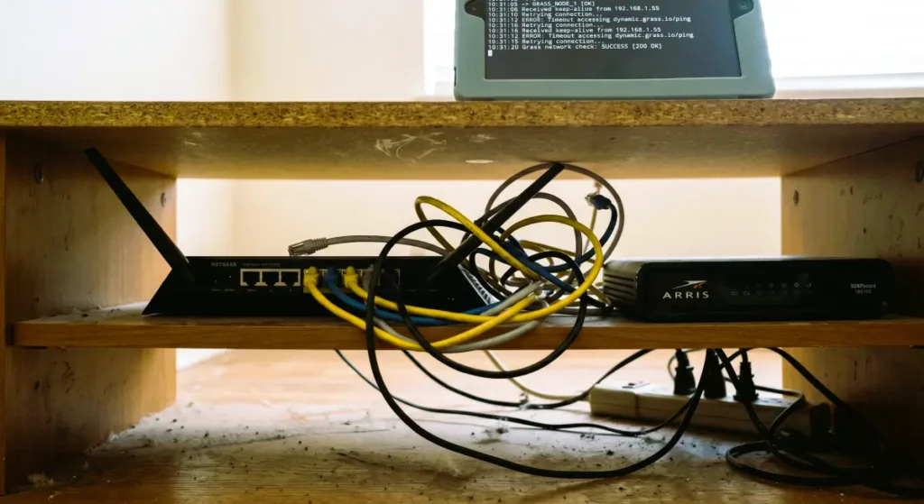 Grass Crypto Review: WiFi router and modem with cables used for bandwidth sharing