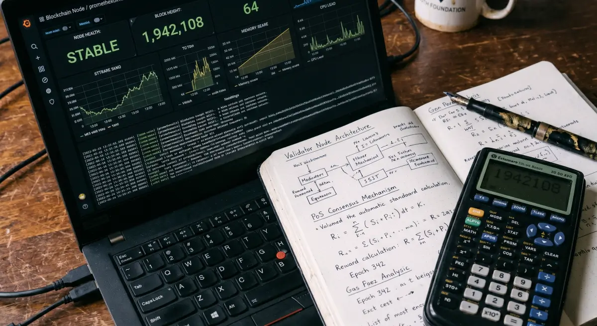 A documentary-style photo for Impossible Cloud Network Review, showing a modern laptop with a matte screen protector displaying blockchain data metrics on a clean wooden desk.