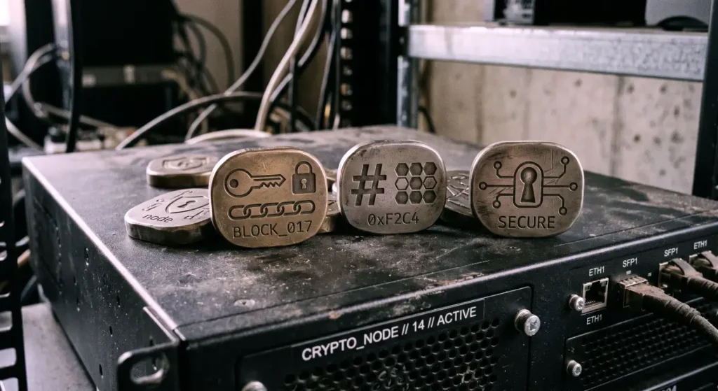 As part of Impossible Cloud Network Review, this gritty close-up photo shows dull, matte metallic tokens resting on top of a physical network hardware node.