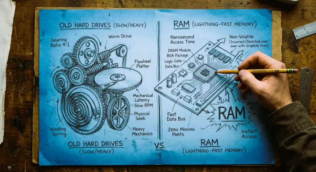 Comparison diagram of traditional hard drive latency versus MegaETH real-time RAM memory processing.
