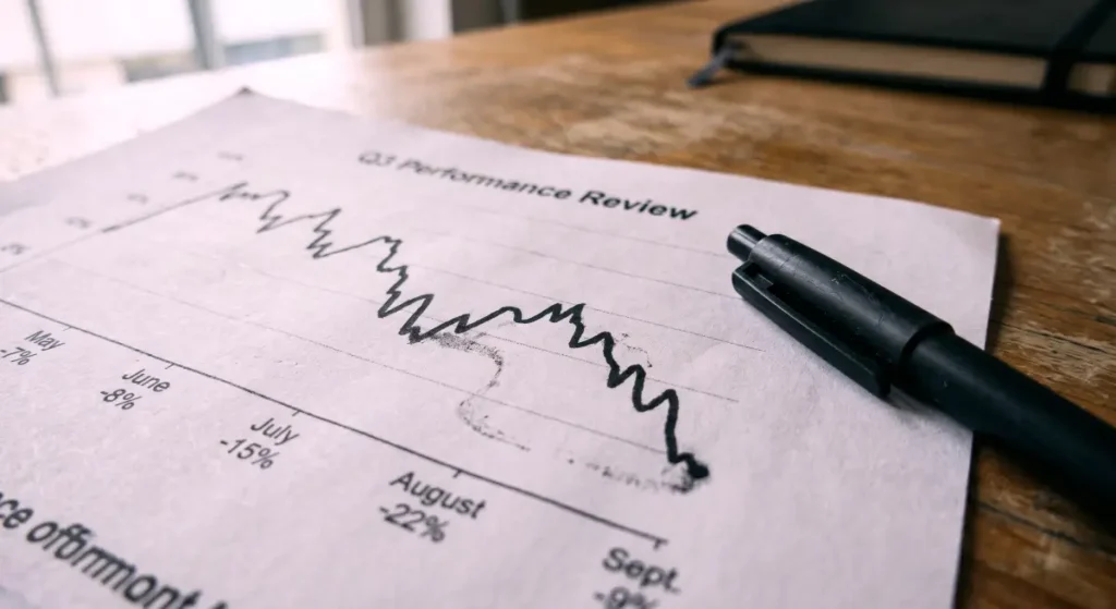 A printed performance chart showing a severe downward price drop on a wooden desk for our Nosana token analysis.