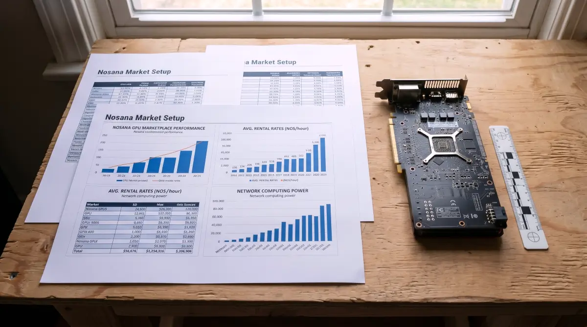 A raw GPU circuit board and measuring scale on a wooden desk during our Nosana token analysis.