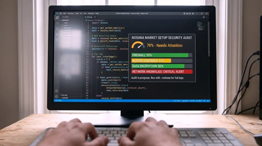 A computer screen displaying a network security audit and code during our Nosana token analysis.