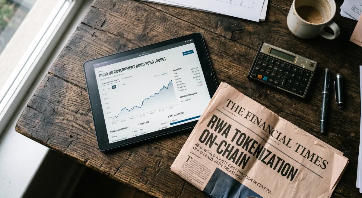 A forensic photograph of a tablet displaying Ondo OUSG funds on a matte wooden desk for this Ondo Finance Review.