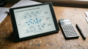 OriginTrail DKG network diagram on a tablet screen, alongside a fountain pen and calculator.