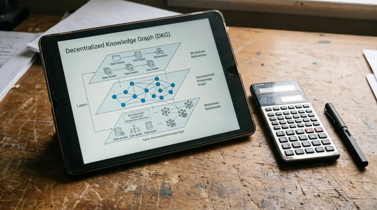 OriginTrail DKG network diagram on a tablet screen, alongside a fountain pen and calculator.