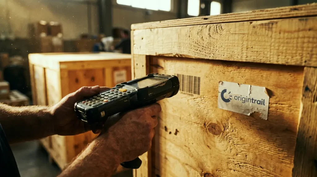 OriginTrail compliance sticker on a wooden shipping crate, scanned by industrial worker hands.