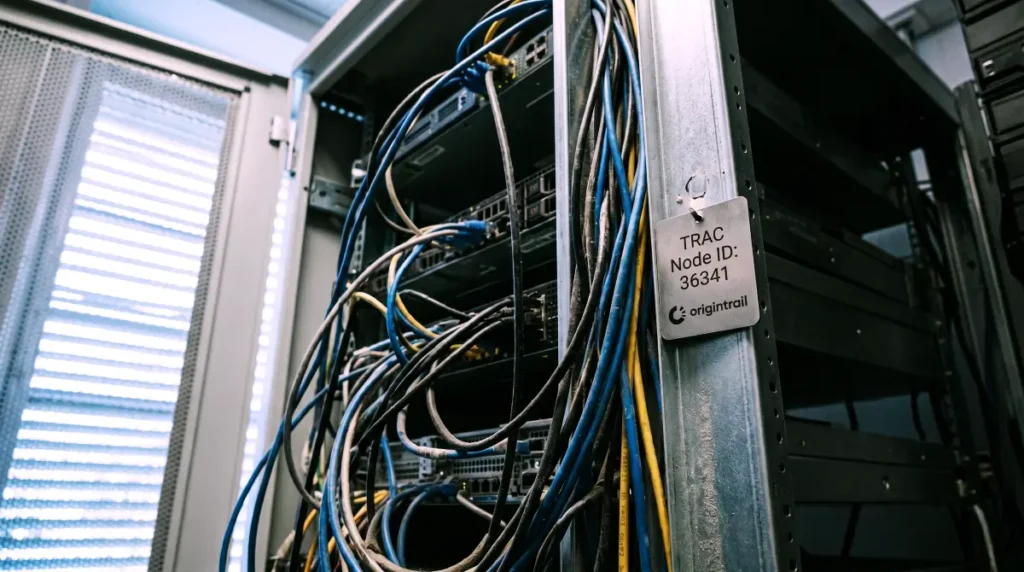 OriginTrail TRAC Node ID tag attached to a secure server rack with network cables.