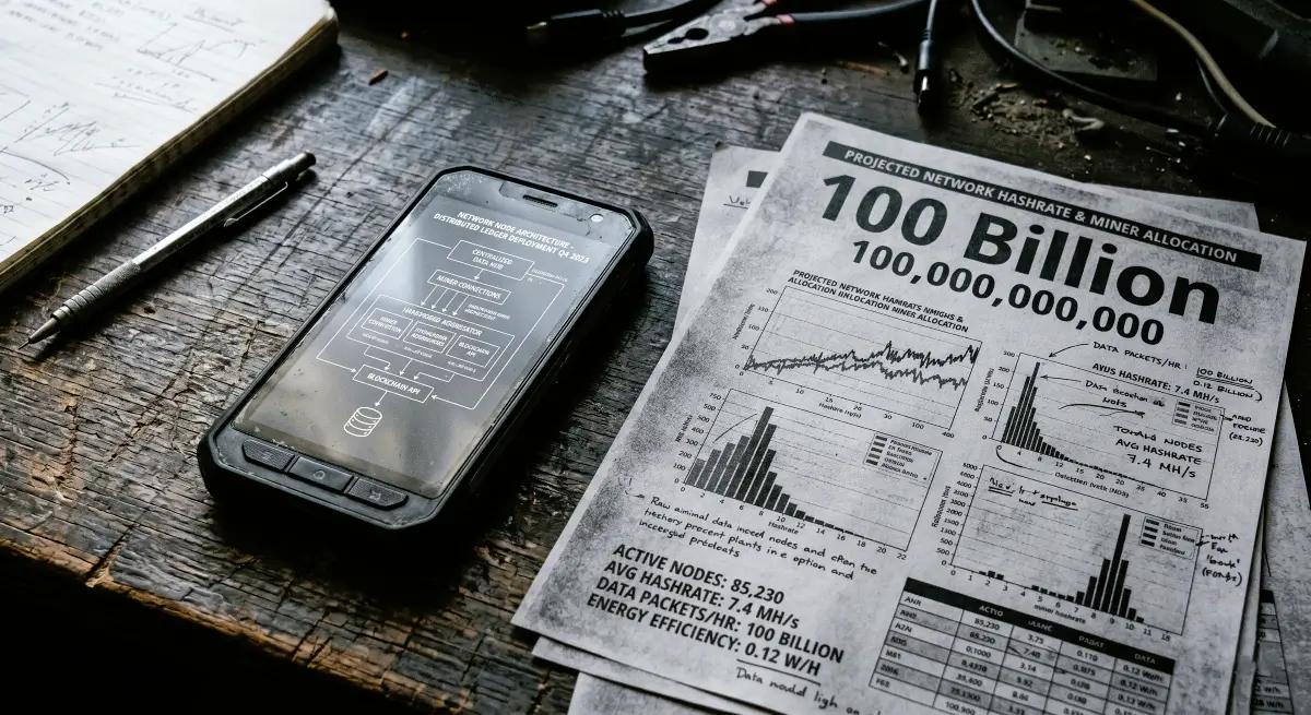 A wooden desk showing a rugged smartphone with a network node diagram and technical papers analyzing the 100 billion maximum supply of Pi Network PI.