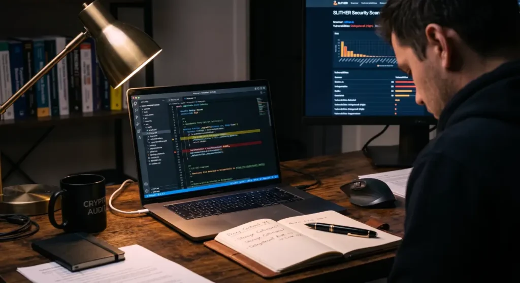 A professional crypto analyst conducting a smart contract security audit and proxy contract risk analysis on a laptop.