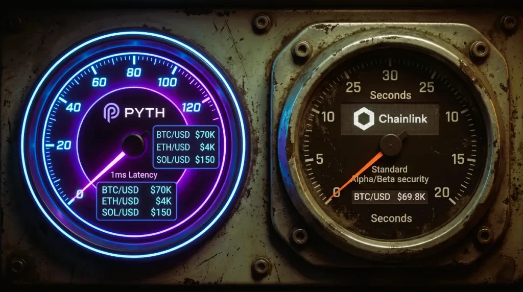 A side-by-side technical gauge comparison showing Pyth Network's 1ms latency speedometer next to a traditional Chainlink seconds-based dial.