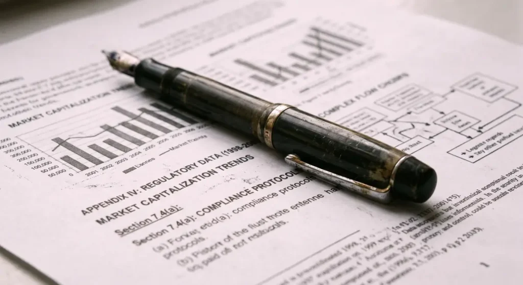 A heavy fountain pen resting on a matte printed technical document detailing regulatory trends and compliance protocols.