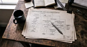 A high-quality forensic photograph of Rivalz Network AI Intel Layer blueprints on a wooden desk with a coffee mug.