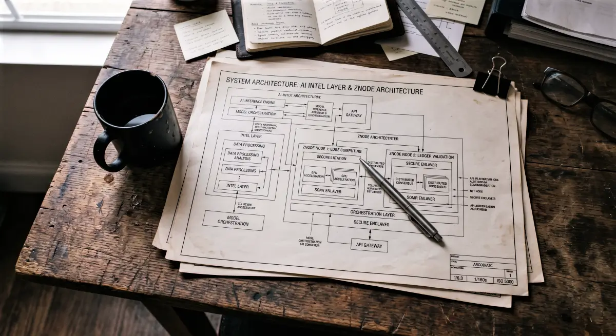 A high-quality forensic photograph of Rivalz Network AI Intel Layer blueprints on a wooden desk with a coffee mug.