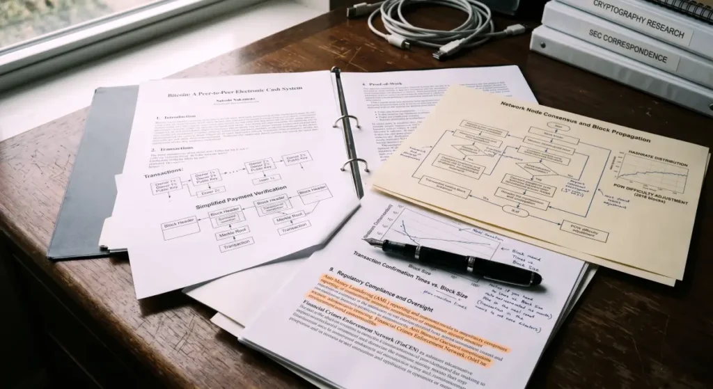 A documentary-style close-up photo for Arkham Review, featuring official printed whitepaper documents with technical annotations on a desk.