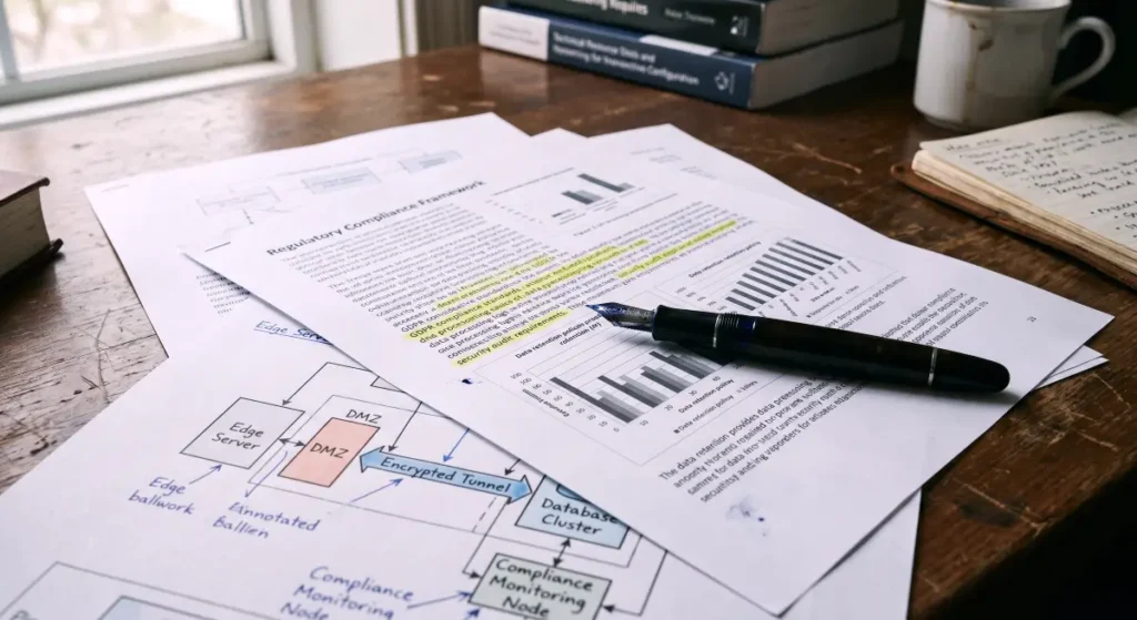 A documentary-style close-up photo for Impossible Cloud Network Review, featuring official printed whitepaper documents with technical annotations on a desk.