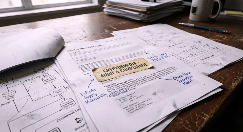 A forensic documentary close-up photo for Aioz Network Review, featuring official audited whitepaper documents with handwritten notes.