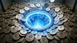 A detailed view of a vast pile of metallic silver PYTH coins systematicly being drawn into an intense, glowing blue central vortex within a vault. Glowing white text, 'PYTH RESERVE: Monthly Buybacks,' is written twice around the vortex's edge. Coins are visibly falling into the portal.