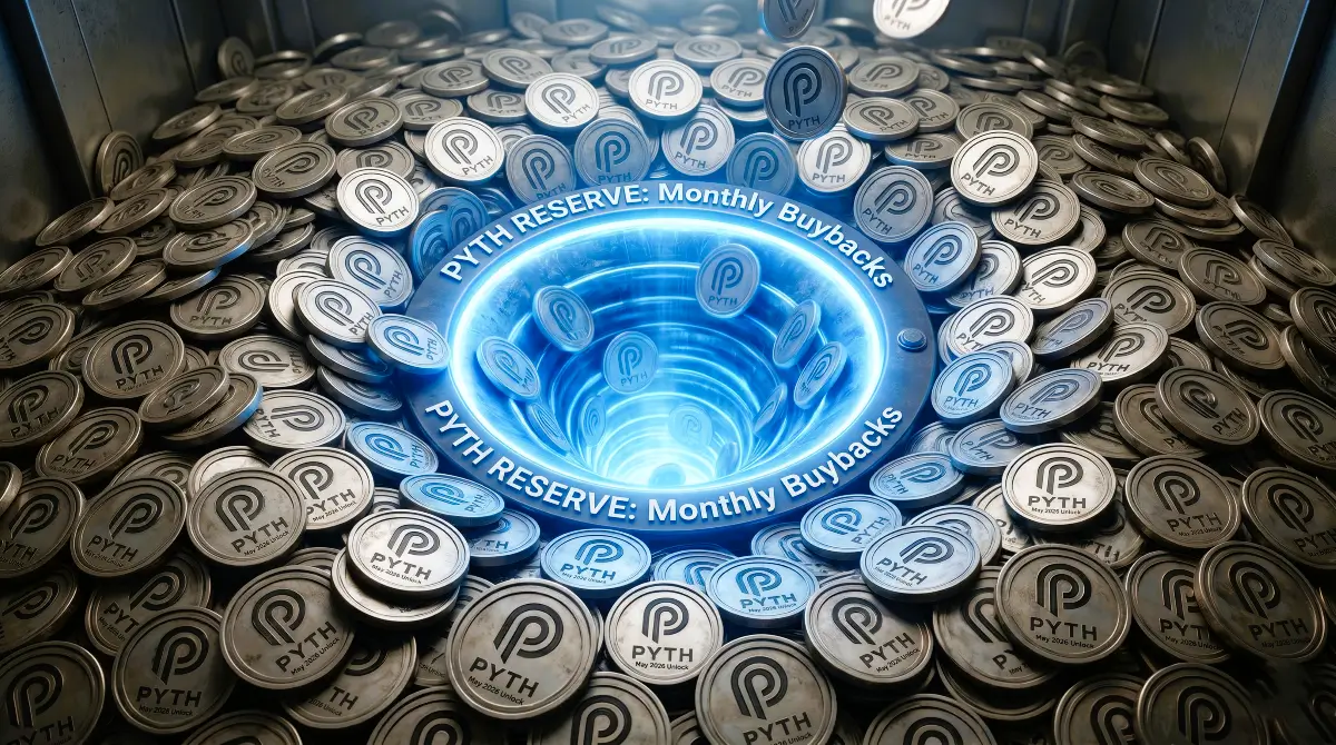 A detailed view of a vast pile of metallic silver PYTH coins systematicly being drawn into an intense, glowing blue central vortex within a vault. Glowing white text, 'PYTH RESERVE: Monthly Buybacks,' is written twice around the vortex's edge. Coins are visibly falling into the portal.