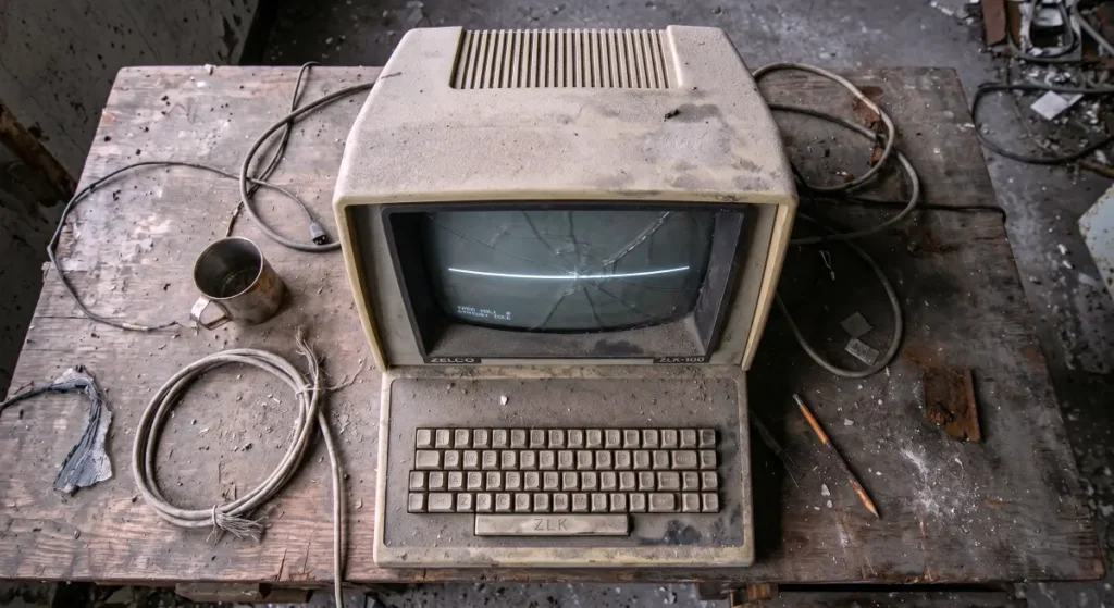 Top down forensic view of an abandoned computer terminal with a cracked screen showing a flatline, representing the Zenlink ZLK zero trading volume crash.