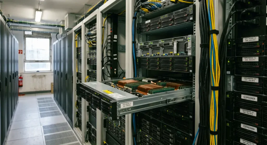 Real world data center server racks with high performance computing hardware for AI training A raw