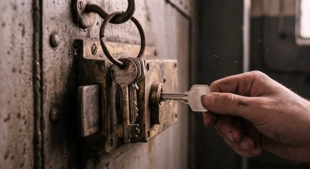Forensic macro view of a rustic door lock with an ERC-7208 key being inserted for our Nexera NXRA review.