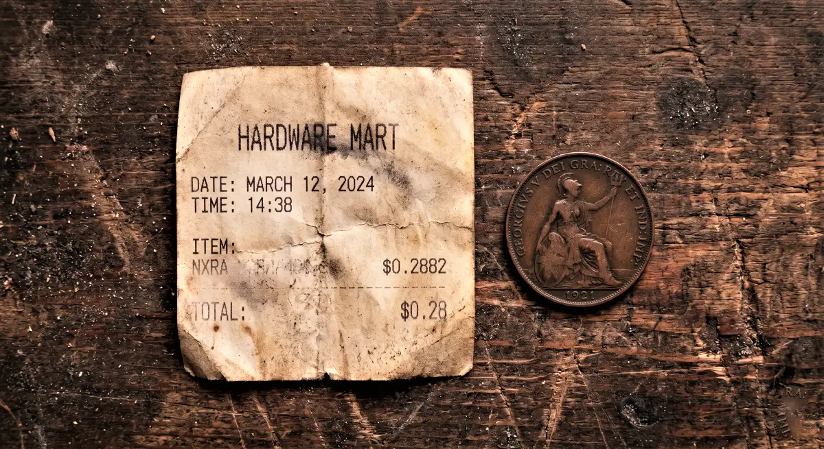 Forensic view of an old paper receipt from March 2024 next to a simple coin, illustrating the market decay for our Nexera NXRA review.