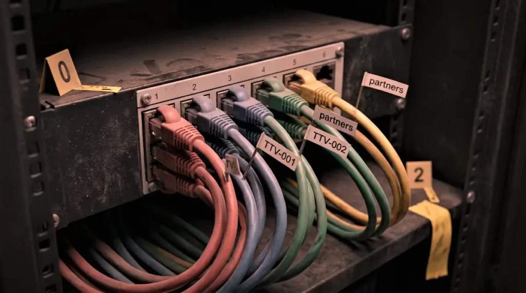 Technical forensic view of network infrastructure cables labeled with partners and TTV metrics for our Nexera NXRA review.