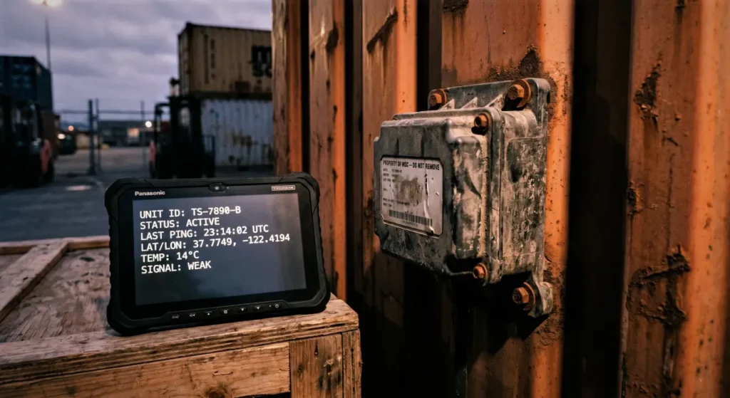 Peaq Network Review: A forensic low-light photo of a rugged tablet showing active machine data next to an industrial sensor on a rusted container, demonstrating the Peaq ID system.