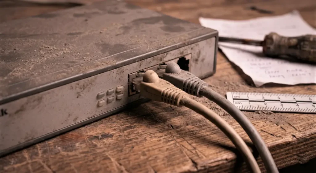 Peaq Network Review: A gritty technical photo of a dusty network switch on a workbench with two ethernet cables, acting as a physical example of an omnichain layer.