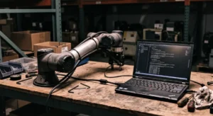 Peaq Network Review: A technical forensic photo of a mechanical robotic arm on a dusty workbench connected to a laptop showing raw backend code for DePIN infrastructure.