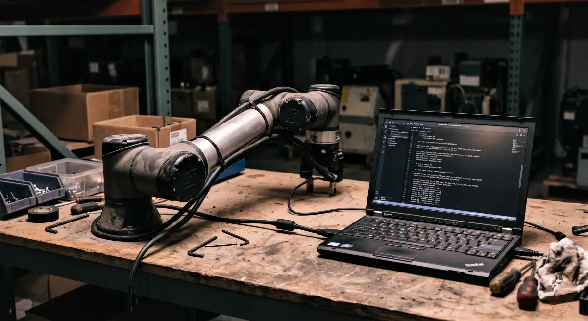 Peaq Network Review: A technical forensic photo of a mechanical robotic arm on a dusty workbench connected to a laptop showing raw backend code for DePIN infrastructure.