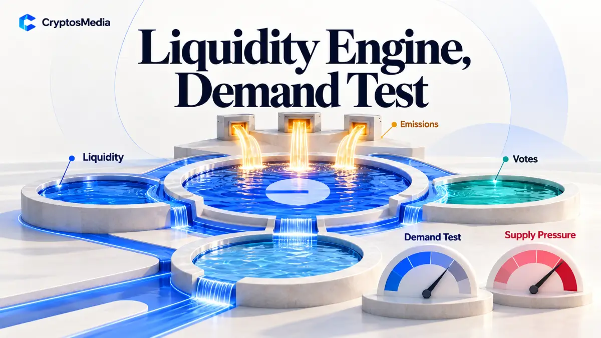 Aerodrome Finance review cover showing liquidity pools, AERO emissions, votes, demand test, and supply pressure gauges