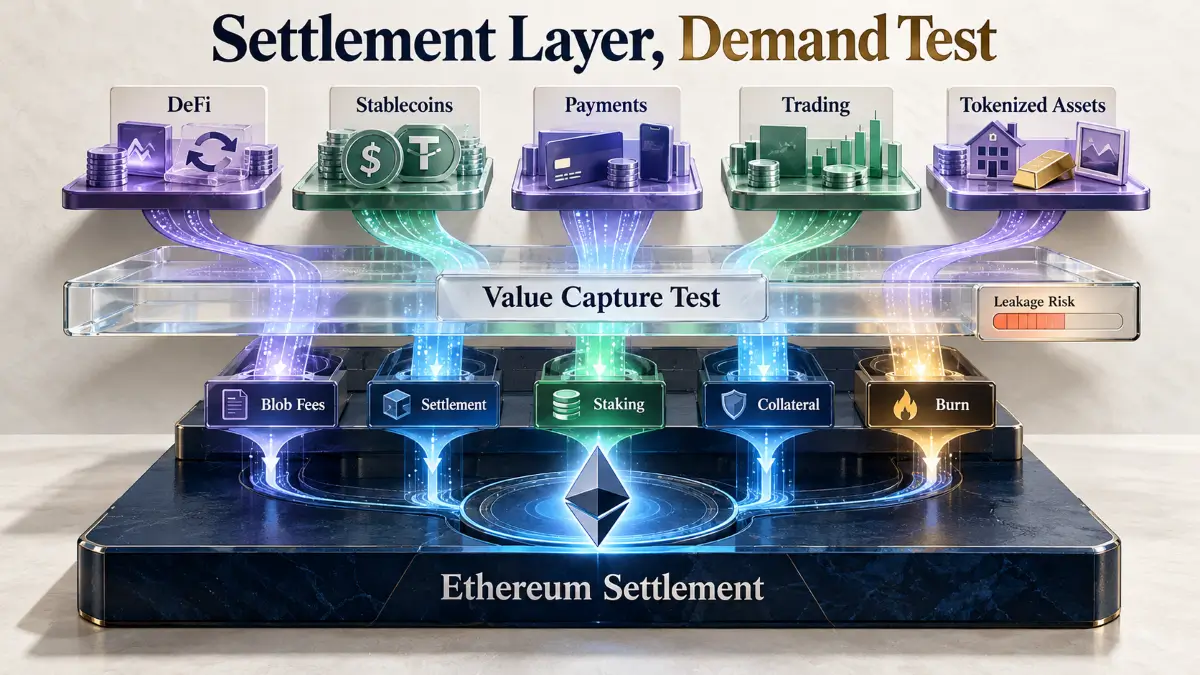 Ethereum review infographic showing rollup activity passing through value capture paths into ETH demand