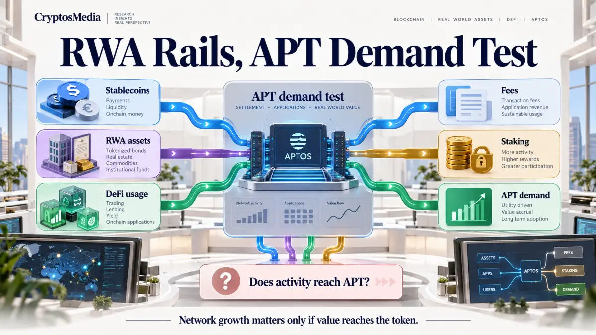 Aptos Review infographic showing RWA rails, stablecoin flows, DeFi usage, and the APT demand test