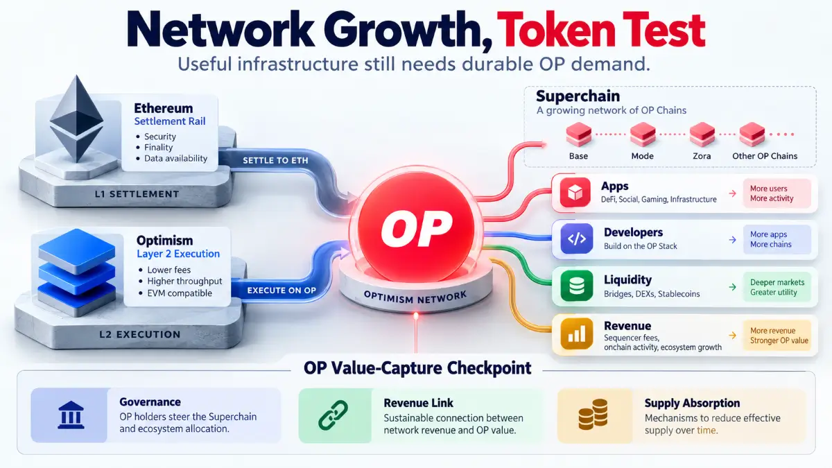 Optimism Review featured infographic showing OP Mainnet, Superchain growth, Ethereum settlement, and OP value capture