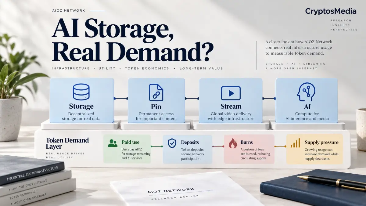 AIOZ Network review infographic showing Storage, Pin, Stream, AI, paid use, deposits, burns, and supply pressure
