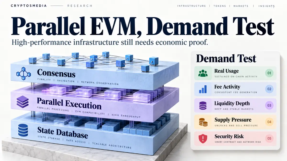 Monad review infographic showing Parallel EVM layers and MON demand signals