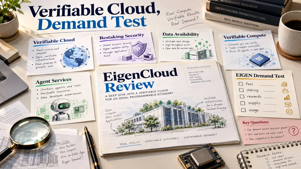 EigenCloud review infographic showing a verification dossier, restaking notes, cloud infrastructure layers, and EIGEN demand checks