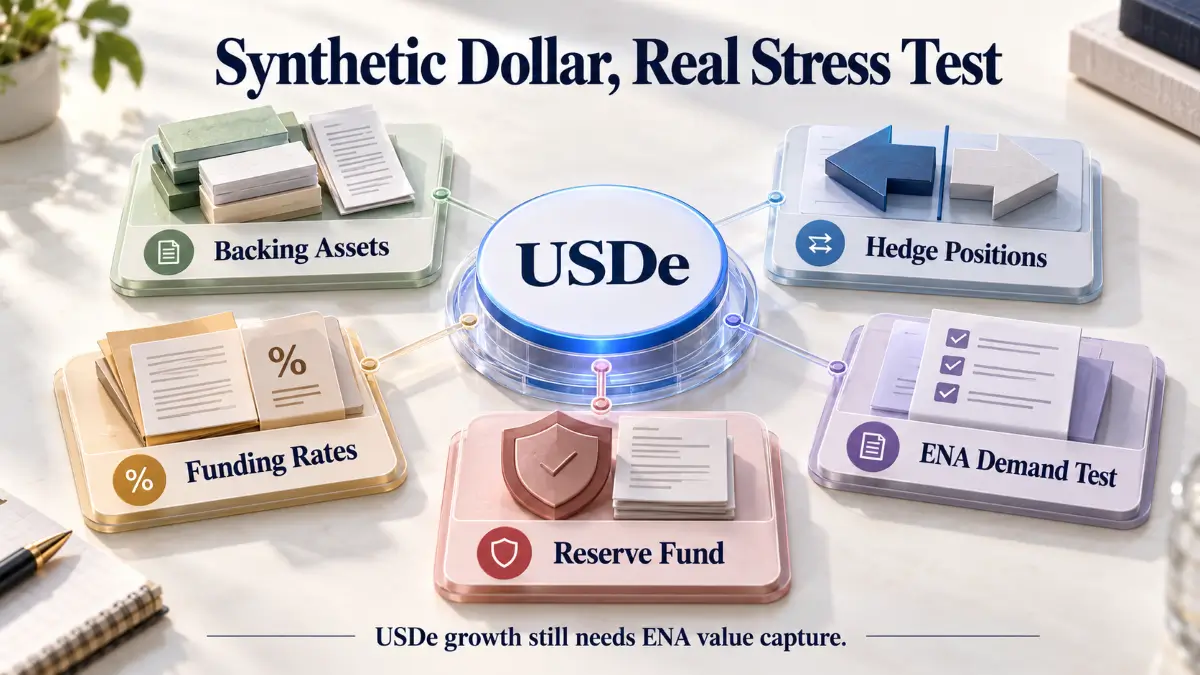 Ethena review featured infographic showing USDe connected to backing assets, hedge positions, funding rates, reserve fund, and ENA demand test