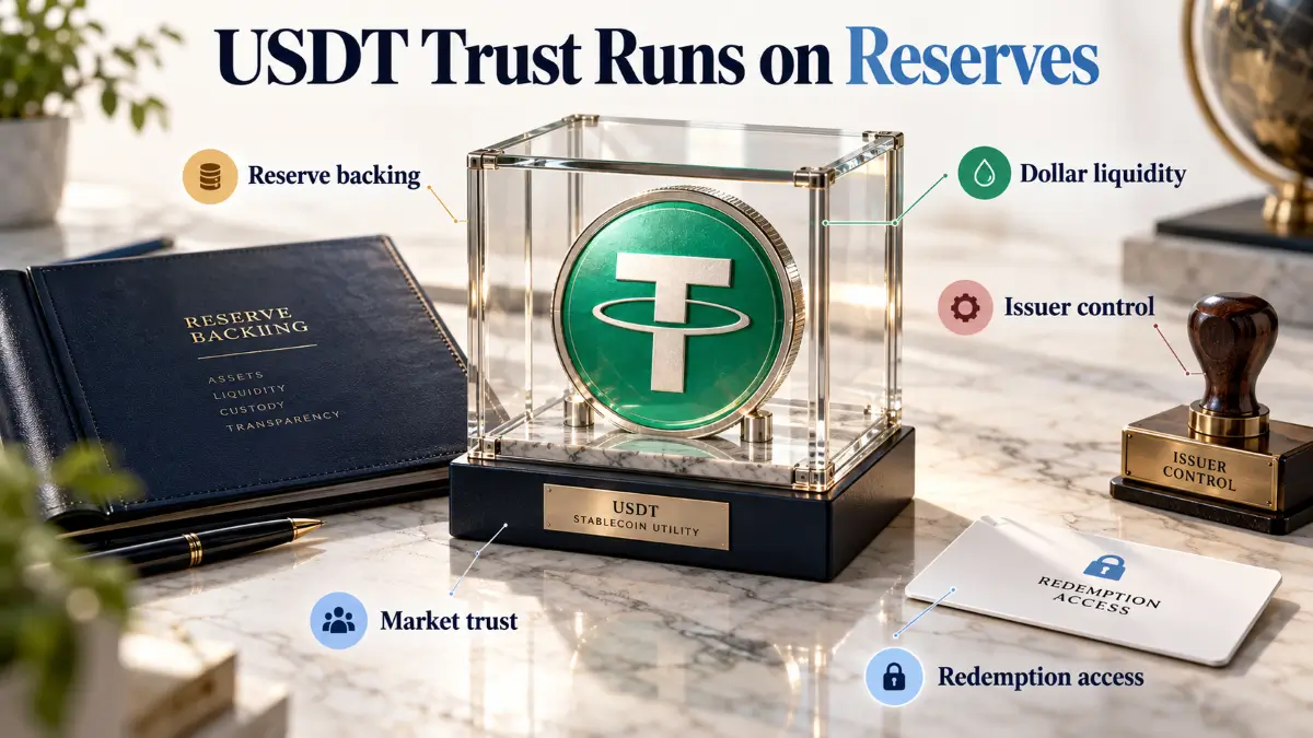 Tether stablecoin review image showing USDT in a custody case with reserve backing, issuer control, redemption access, and market trust labels